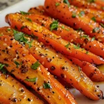 ['Close-up view of roasted carrots glazed in maple Dijon sauce.', 'Juicy carrots with a shiny maple glaze and herbs, seen from the side.', 'A side view of vibrant roasted carrots drizzled with a rich sauce.', 'Delicious maple Dijon roasted carrots with a golden-brown finish.']