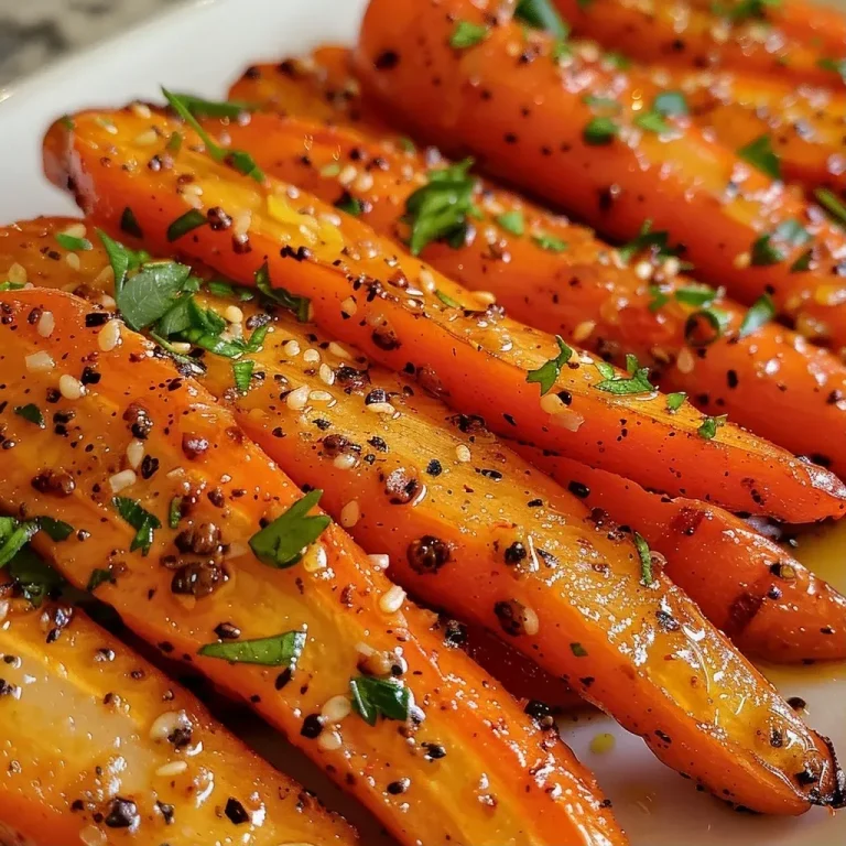 ['Close-up view of roasted carrots glazed in maple Dijon sauce.', 'Juicy carrots with a shiny maple glaze and herbs, seen from the side.', 'A side view of vibrant roasted carrots drizzled with a rich sauce.', 'Delicious maple Dijon roasted carrots with a golden-brown finish.']