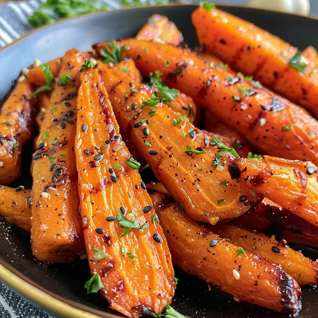 ['Close-up view of roasted carrots glazed in maple Dijon sauce.', 'Juicy carrots with a shiny maple glaze and herbs, seen from the side.', 'A side view of vibrant roasted carrots drizzled with a rich sauce.', 'Delicious maple Dijon roasted carrots with a golden-brown finish.']