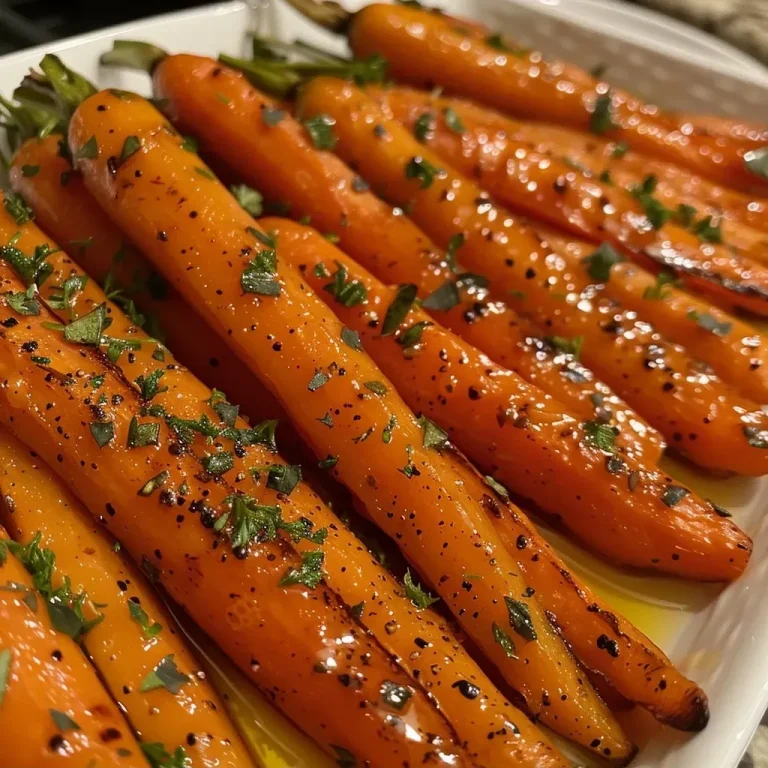 ['Close-up image of shiny, maple glazed carrots arranged on a plate with fresh herbs.', 'A side view of vibrant cooked carrots drizzled with maple syrup, garnished with thyme.', 'Juicy, glistening carrots with a rich maple glaze, topped with chopped parsley and thyme.', 'Delicious maple glazed carrots, displayed with a rich coating and fresh herbs for garnish.']