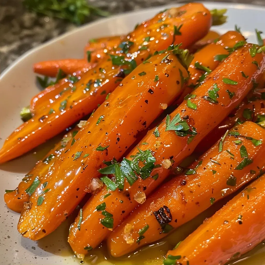 Close-up image of shiny, maple glazed carrots arranged on a plate with fresh herbs.