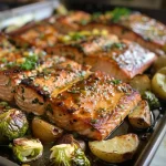 ['Close-up view of a shiny, maple glazed salmon fillet next to roasted Brussels sprouts.', 'Juicy salmon with a caramelized maple glaze displayed alongside vibrant green Brussels sprouts.', "Side view of glazed salmon and Brussels sprouts arranged on a sheet pan, highlighting the dish's texture.", 'A portion of salmon drizzled with maple syrup, served with roasted Brussels sprouts in a home kitchen setting.']