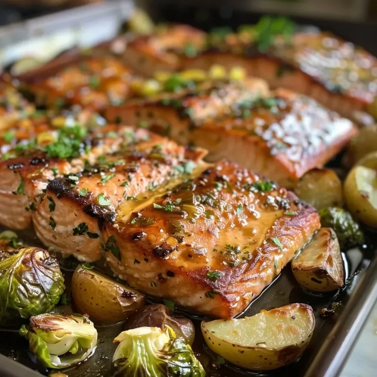 ['Close-up view of a shiny, maple glazed salmon fillet next to roasted Brussels sprouts.', 'Juicy salmon with a caramelized maple glaze displayed alongside vibrant green Brussels sprouts.', "Side view of glazed salmon and Brussels sprouts arranged on a sheet pan, highlighting the dish's texture.", 'A portion of salmon drizzled with maple syrup, served with roasted Brussels sprouts in a home kitchen setting.']