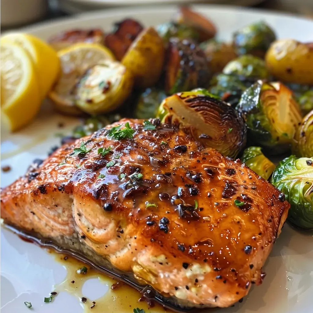 ['Close-up view of a shiny, maple glazed salmon fillet next to roasted Brussels sprouts.', 'Juicy salmon with a caramelized maple glaze displayed alongside vibrant green Brussels sprouts.', 