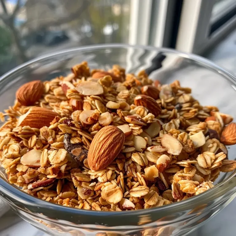 ['A close-up view of golden Maple Nut Granola loaded with almonds and oats.', 'Side view of crispy Maple Nut Granola highlighting the nuts and texture.', 'A detailed shot of Maple Nut Granola in a bowl, showcasing its ingredients.', 'Close-up image of Maple Nut Granola with a glossy finish from maple syrup.']
