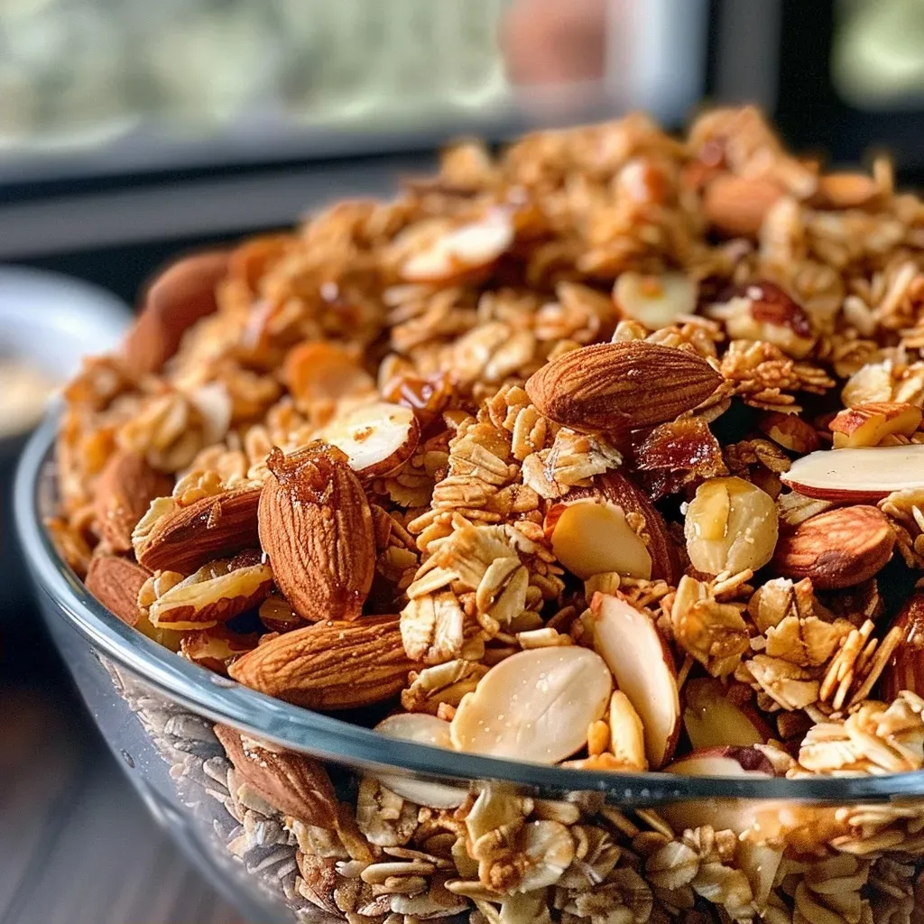 ['A close-up view of golden Maple Nut Granola loaded with almonds and oats.', 'Side view of crispy Maple Nut Granola highlighting the nuts and texture.', 'A detailed shot of Maple Nut Granola in a bowl, showcasing its ingredients.', 'Close-up image of Maple Nut Granola with a glossy finish from maple syrup.']