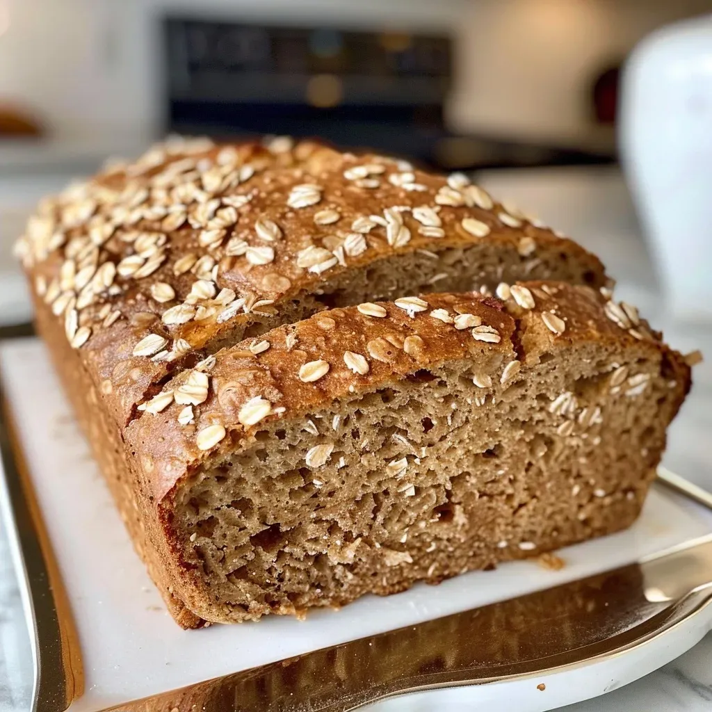 ['Close-up view of freshly baked Maple Oat Bread with a golden crust.', 'Side view of a loaf of Maple Oat Bread, showcasing its textured surface.', 'Juicy Maple Oat Bread displayed on a wooden board, emphasizing its moist interior.', 'Delicious Maple Oat Bread arranged on a plate, highlighting its hearty oats.']