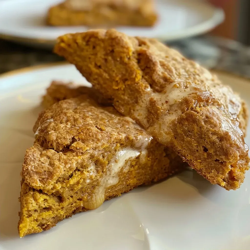 Close-up view of a golden maple pumpkin scone with a flaky texture.