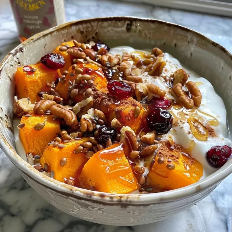 ['Close-up view of a yogurt bowl topped with maple roasted butternut squash, nuts, and cranberries.', 'Side angle of a vibrant yogurt bowl featuring butternut squash and colorful toppings.', 'A cozy yogurt bowl with roasted butternut squash, nuts, and seeds arranged artistically.', 'A delicious bowl of Greek yogurt with maple roasted squash, nuts, and dried fruits displayed appetizingly.']