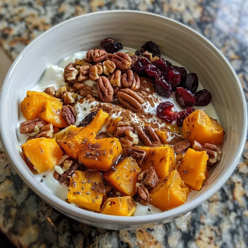 ['Close-up view of a yogurt bowl topped with maple roasted butternut squash, nuts, and cranberries.', 'Side angle of a vibrant yogurt bowl featuring butternut squash and colorful toppings.', 'A cozy yogurt bowl with roasted butternut squash, nuts, and seeds arranged artistically.', 'A delicious bowl of Greek yogurt with maple roasted squash, nuts, and dried fruits displayed appetizingly.']