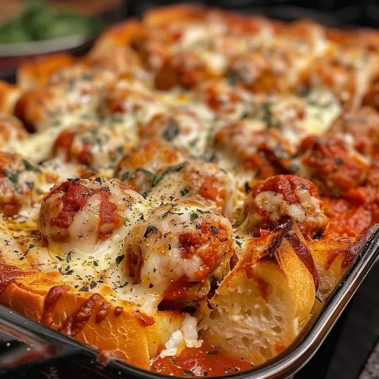 ['Close-up view of a Meatball Sub Casserole with melted cheese on top.', 'Side view of a Meatball Sub Casserole showing layers of meatballs and sauce.', 'A slice of Meatball Sub Casserole with gooey mozzarella and herbs.', 'Juicy Meatball Sub Casserole with a golden Texas Toast crust and cheese.']