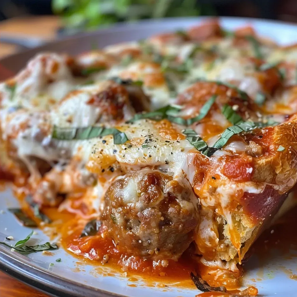 ['Close-up view of a Meatball Sub Casserole with melted cheese on top.', 'Side view of a Meatball Sub Casserole showing layers of meatballs and sauce.', 'A slice of Meatball Sub Casserole with gooey mozzarella and herbs.', 'Juicy Meatball Sub Casserole with a golden Texas Toast crust and cheese.']
