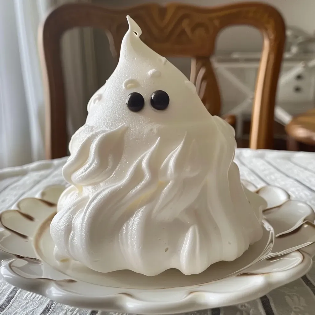 ['A close-up view of a Meringue Ghost with a glossy white exterior and dark accents.', 'Juicy Meringue Ghost showcasing a side profile adorned with dark chocolate and black food coloring.', 'Detailed side view of a Meringue Ghost highlighting its smooth texture and unique color.', 'Close-up image of a Meringue Ghost featuring swirls of black food coloring and a shiny surface.']