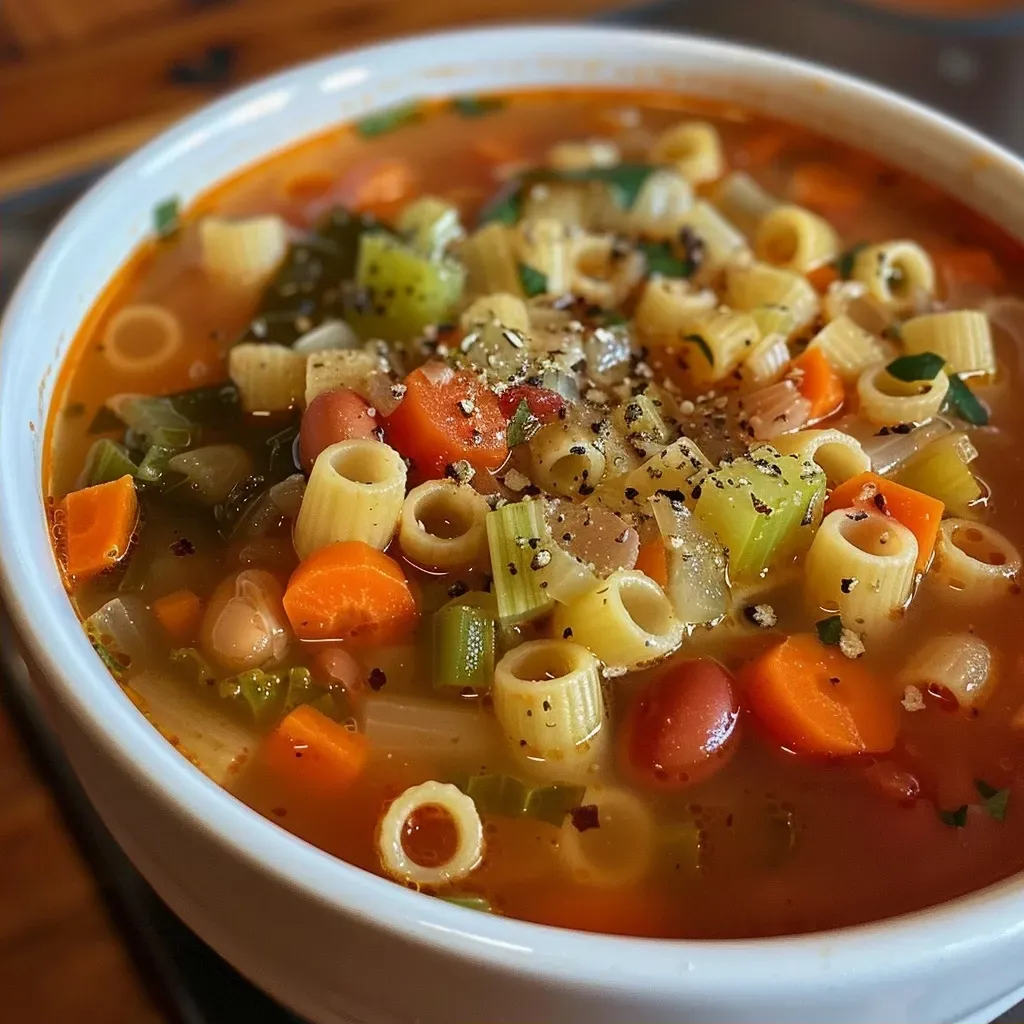 Close-up view of a bowl of Minestrone Soup with gluten-free noodles, showcasing vibrant vegetables.