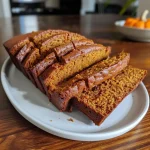 ['Side view of a slice of moist pumpkin bread on a wooden cutting board.', 'Close-up of a piece of pumpkin bread, highlighting its texture and moisture.', 'Juicy pumpkin bread slice with a golden-brown crust, garnished with a sprinkle of spices.', 'Textured view of homemade pumpkin bread showcasing its soft, moist interior.']