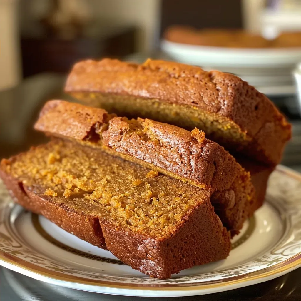 Side view of a slice of moist pumpkin bread on a wooden cutting board.