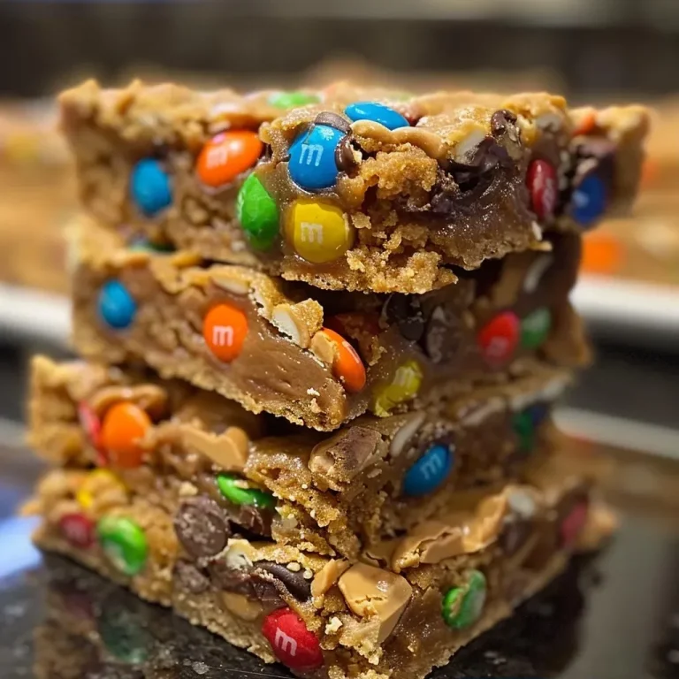 ['Close-up view of rich Monster Cookie Bars with colorful M&Ms.', 'Side perspective of golden-brown Monster Cookie Bars topped with chocolate chips.', 'Juicy and dense Monster Cookie Bars showing peanut butter and oats.', 'A delicious slice of Monster Cookie Bars featuring vibrant candy pieces.']