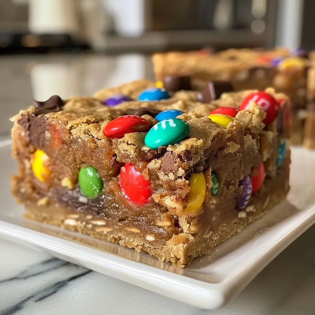 ['Close-up view of rich Monster Cookie Bars with colorful M&Ms.', 'Side perspective of golden-brown Monster Cookie Bars topped with chocolate chips.', 'Juicy and dense Monster Cookie Bars showing peanut butter and oats.', 'A delicious slice of Monster Cookie Bars featuring vibrant candy pieces.']