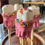 ['Close-up of colorful Monster Marshmallow Pops decorated with icing and sprinkles.', 'Side view of juicy Monster Marshmallow Pops featuring vibrant candy melts and edible decorations.', 'Detailed shot of Monster Marshmallow Pops showcasing layers of frosting and playful sprinkles.', 'Close-up image of decorated Monster Marshmallow Pops, highlighting their bright colors and fun designs.']