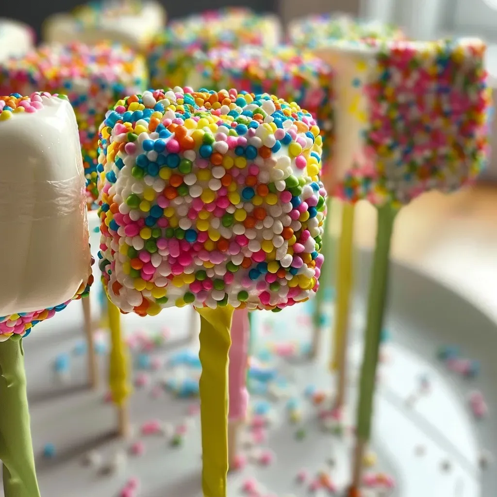 ['Close-up of colorful Monster Marshmallow Pops decorated with icing and sprinkles.', 'Side view of juicy Monster Marshmallow Pops featuring vibrant candy melts and edible decorations.', 'Detailed shot of Monster Marshmallow Pops showcasing layers of frosting and playful sprinkles.', 'Close-up image of decorated Monster Marshmallow Pops, highlighting their bright colors and fun designs.']