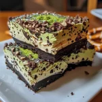 ['Side view of vibrant green No-Bake Frankenstein Cheesecake Bars with Oreo crust.', 'Close-up of Halloween-themed cheesecake bars decorated with pretzels and edible glitter.', 'Juicy and colorful No-Bake Frankenstein Cheesecake Bars with a creamy texture and mint flavor.', 'Delicious cheesecake bars featuring a striking green color and a crunchy Oreo base.']