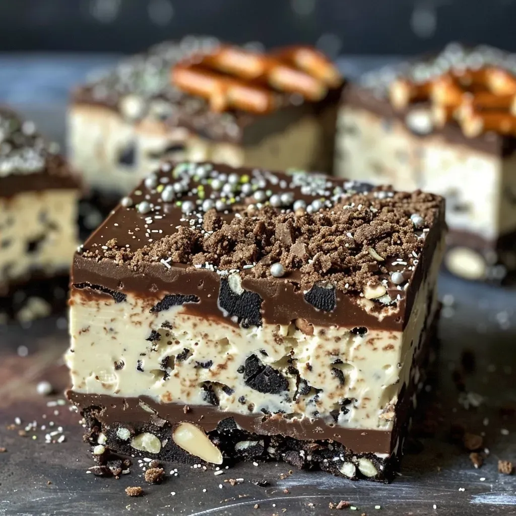 ['Side view of vibrant green No-Bake Frankenstein Cheesecake Bars with Oreo crust.', 'Close-up of Halloween-themed cheesecake bars decorated with pretzels and edible glitter.', 'Juicy and colorful No-Bake Frankenstein Cheesecake Bars with a creamy texture and mint flavor.', 'Delicious cheesecake bars featuring a striking green color and a crunchy Oreo base.']