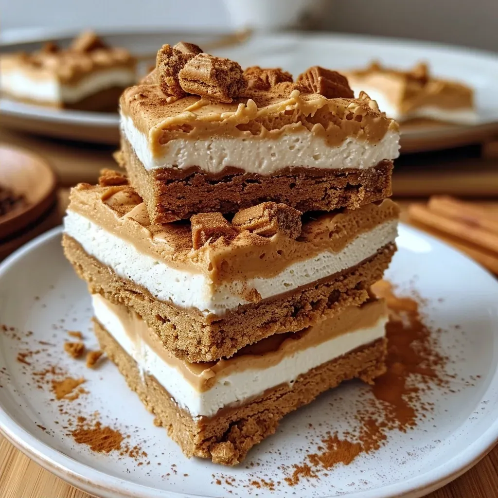 ['Close-up view of no-bake pumpkin cheesecake bars with a creamy topping.', 'Side view of delicious no-bake pumpkin cheesecake bars on a plate.', 'Creamy layers of pumpkin cheesecake bars, showcasing a crumbly crust.', 'A delectable slice of no-bake pumpkin cheesecake bar with whipped cream topping.']