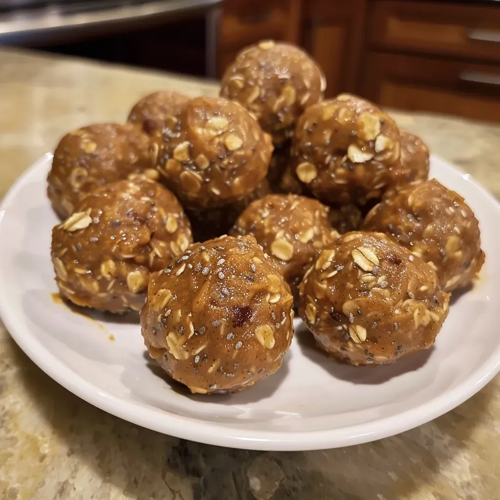 ['Close-up view of No Bake Pumpkin Spice Energy Bites with a textured surface and chocolate chips.', 'Delicious No Bake Pumpkin Spice Energy Bites stacked on a white plate, showcasing their creamy texture.', 'A side view of No Bake Pumpkin Spice Energy Bites, highlighting the colorful ingredients within.', 'Hand holding a No Bake Pumpkin Spice Energy Bite, with a blurred background of a kitchen setting.']