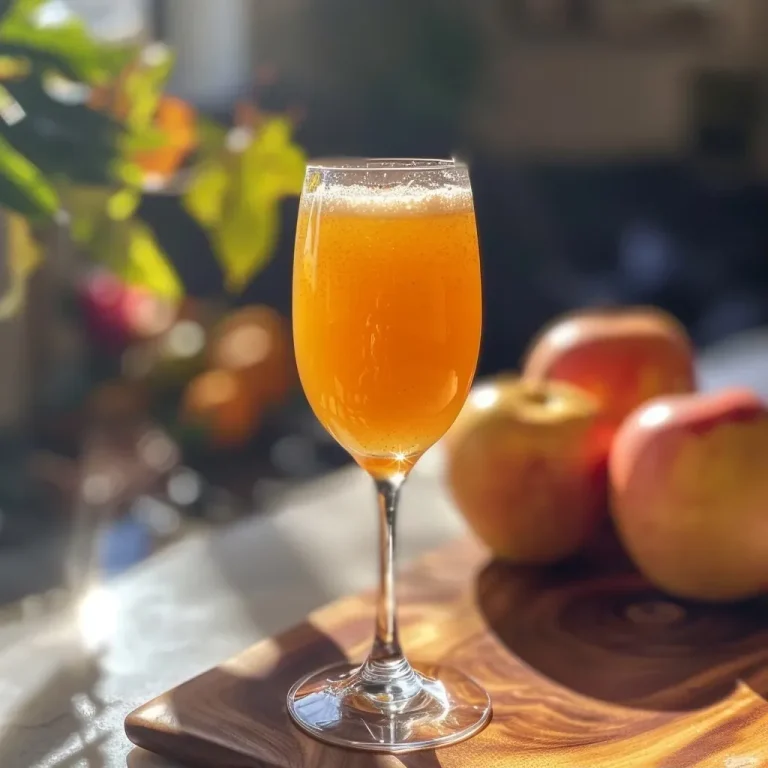 ['Close-up view of a non-alcoholic apple cider mimosa in a clear glass.', 'Side view of a sparkling non-alcoholic apple cider mimosa with orange juice.', 'Refreshing non-alcoholic apple cider mimosa garnished and served in a glass.', 'Detailed shot of a chilled non-alcoholic apple cider mimosa with bubbles.']