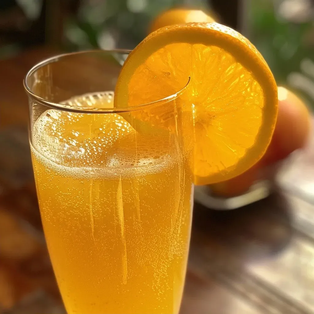 ['Close-up view of a non-alcoholic apple cider mimosa in a clear glass.', 'Side view of a sparkling non-alcoholic apple cider mimosa with orange juice.', 'Refreshing non-alcoholic apple cider mimosa garnished and served in a glass.', 'Detailed shot of a chilled non-alcoholic apple cider mimosa with bubbles.']