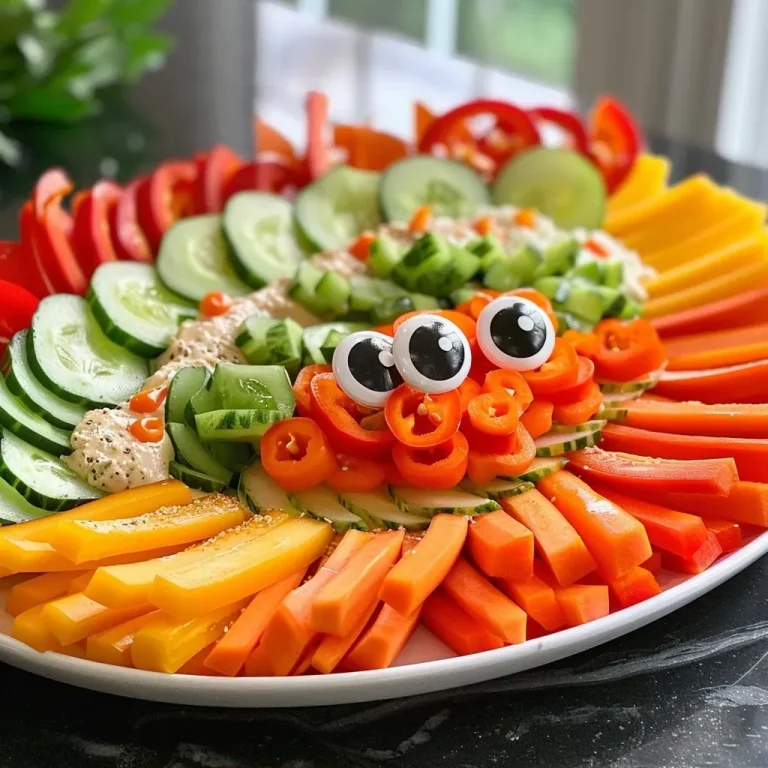 ['Close-up view of a colorful Octo Dip Platter featuring various vegetables and a ranch dip.', 'Side view of a vibrant platter with red, green, and yellow bell peppers, carrots, cucumbers, and a dip.', 'Juicy Octo Dip Platter with googly eyes, showcasing a variety of fresh vegetables for dipping.', 'Close-up of a fun Octo Dip arrangement, including bell peppers, carrots, and ranch dip.']