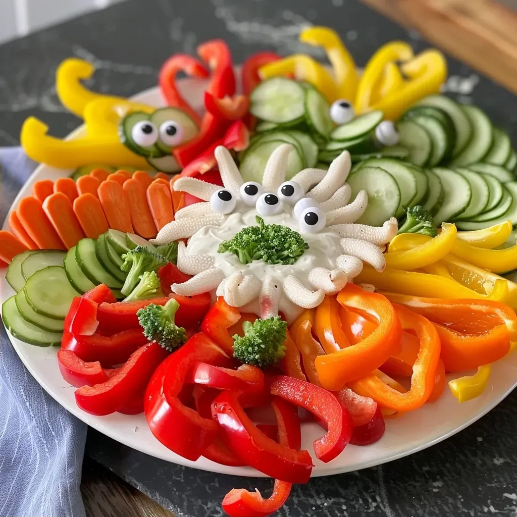 ['Close-up view of a colorful Octo Dip Platter featuring various vegetables and a ranch dip.', 'Side view of a vibrant platter with red, green, and yellow bell peppers, carrots, cucumbers, and a dip.', 'Juicy Octo Dip Platter with googly eyes, showcasing a variety of fresh vegetables for dipping.', 'Close-up of a fun Octo Dip arrangement, including bell peppers, carrots, and ranch dip.']