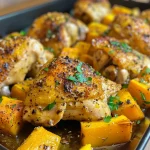 ['Close-up view of a One Pan Chicken and Squash Dinner, featuring chicken thighs and butternut squash.', 'Juicy chicken thighs and roasted butternut squash on a plate, garnished with parsley and thyme.', 'Side view of a savory One Pan Chicken and Squash Dinner, showcasing golden-brown chicken and vibrant squash pieces.', 'Delicious One Pan Chicken and Squash Dinner with garlic and herbs, ready to be served.']