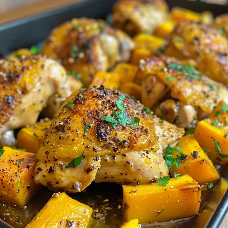 ['Close-up view of a One Pan Chicken and Squash Dinner, featuring chicken thighs and butternut squash.', 'Juicy chicken thighs and roasted butternut squash on a plate, garnished with parsley and thyme.', 'Side view of a savory One Pan Chicken and Squash Dinner, showcasing golden-brown chicken and vibrant squash pieces.', 'Delicious One Pan Chicken and Squash Dinner with garlic and herbs, ready to be served.']