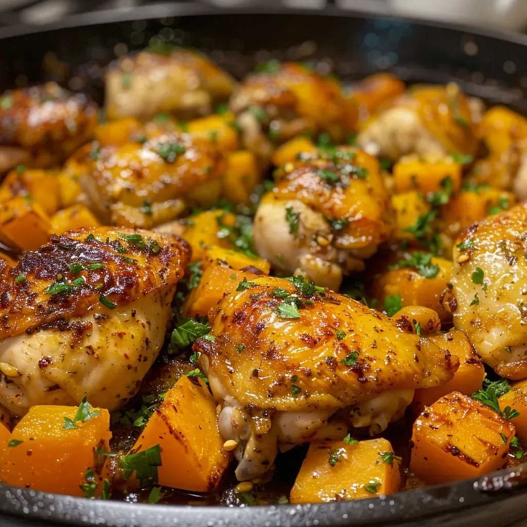 ['Close-up view of a One Pan Chicken and Squash Dinner, featuring chicken thighs and butternut squash.', 'Juicy chicken thighs and roasted butternut squash on a plate, garnished with parsley and thyme.', 'Side view of a savory One Pan Chicken and Squash Dinner, showcasing golden-brown chicken and vibrant squash pieces.', 'Delicious One Pan Chicken and Squash Dinner with garlic and herbs, ready to be served.']
