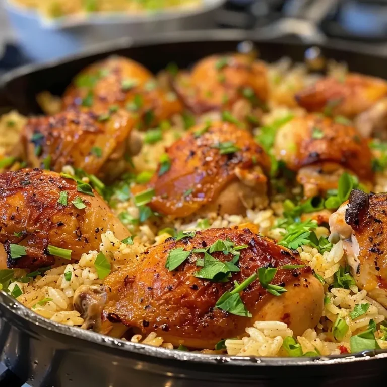 ['Close-up side view of a steaming bowl of One-Pot Chicken & Rice.', 'Juicy chicken pieces and fluffy rice in a vibrant one-pot dish.', 'A delicious serving of One-Pot Chicken & Rice with visible herbs and spices.', 'Richly colored One-Pot Chicken & Rice, highlighting tender chicken and grains.']