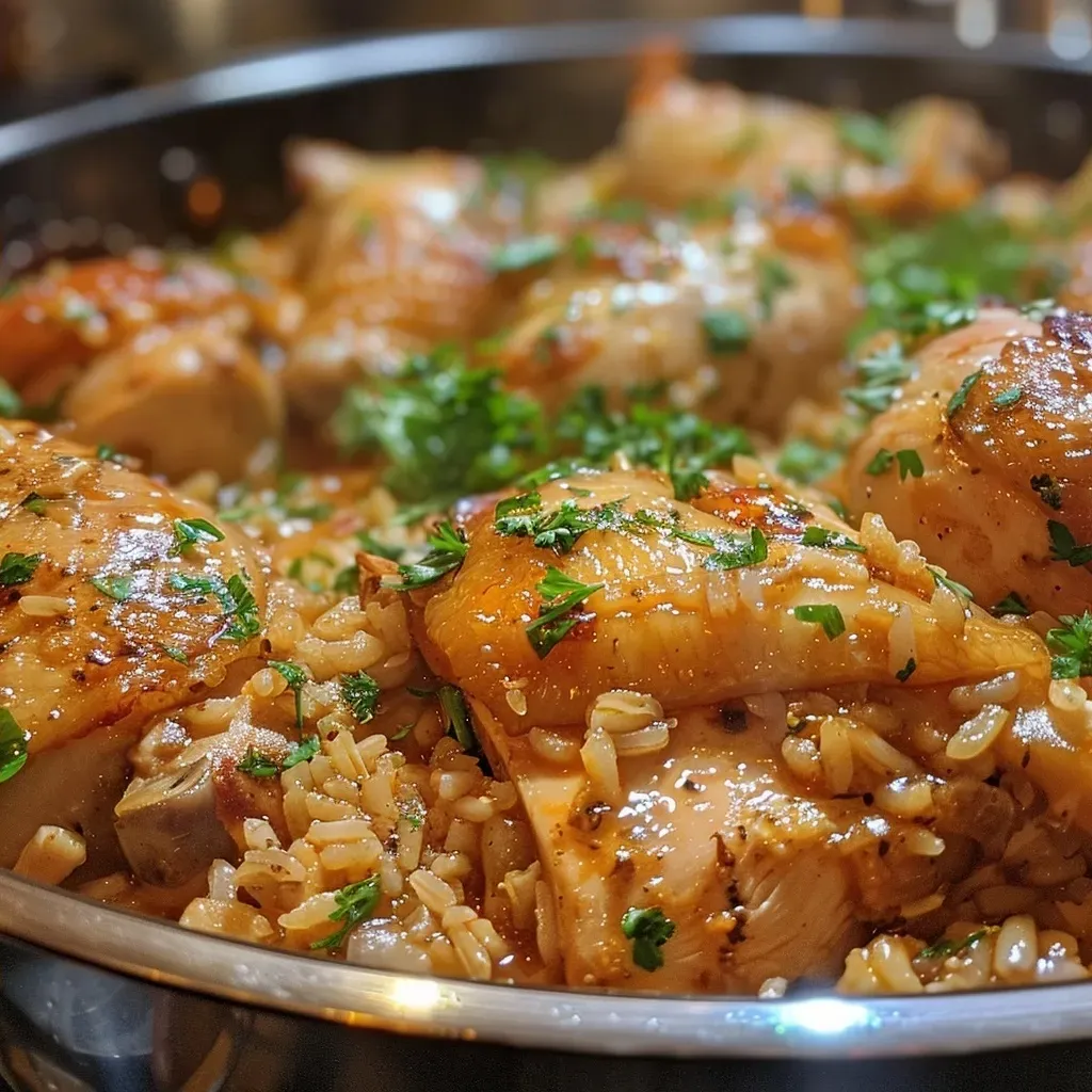 ['Close-up side view of a steaming bowl of One-Pot Chicken & Rice.', 'Juicy chicken pieces and fluffy rice in a vibrant one-pot dish.', 'A delicious serving of One-Pot Chicken & Rice with visible herbs and spices.', 'Richly colored One-Pot Chicken & Rice, highlighting tender chicken and grains.']