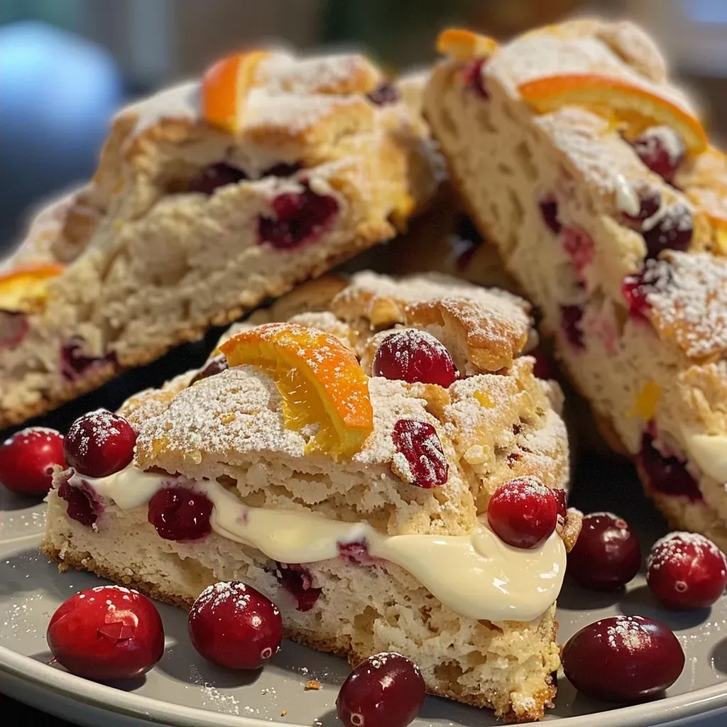 ['A close-up view of freshly baked orange cranberry cream scones with a golden-brown crust.', 'Juicy orange cranberry cream scones arranged on a rustic wooden surface with a side view.', 'Delicious scones made with orange zest and dried cranberries, showcasing their fluffy texture.', 'Side profile of warm orange cranberry cream scones, highlighting their flaky layers and vibrant color.']