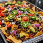 ['Close-up of golden tortilla chips topped with melted cheese and colorful fresh ingredients.', 'A side view of delicious oven-baked nachos with layers of toppings including meat, beans, and vegetables.', 'Juicy nachos featuring ground beef, melted cheese, and vibrant sliced veggies arranged on a plate.', 'A tempting display of nachos with cheese, jalapeños, and garnishes, captured in bright lighting.']