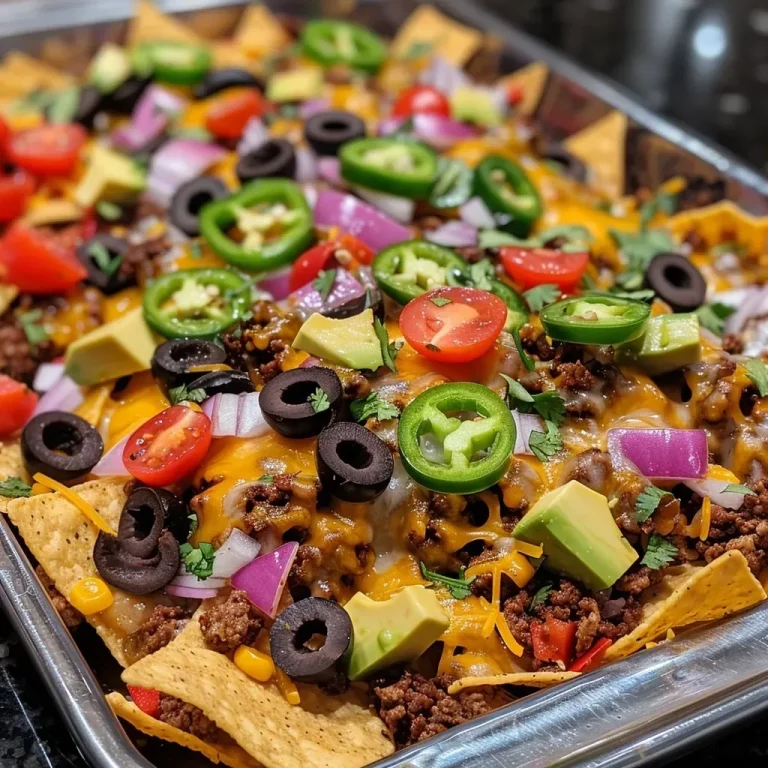 ['Close-up of golden tortilla chips topped with melted cheese and colorful fresh ingredients.', 'A side view of delicious oven-baked nachos with layers of toppings including meat, beans, and vegetables.', 'Juicy nachos featuring ground beef, melted cheese, and vibrant sliced veggies arranged on a plate.', 'A tempting display of nachos with cheese, jalapeños, and garnishes, captured in bright lighting.']