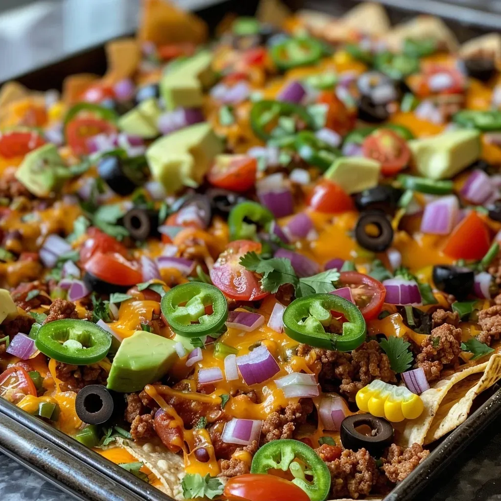 ['Close-up of golden tortilla chips topped with melted cheese and colorful fresh ingredients.', 'A side view of delicious oven-baked nachos with layers of toppings including meat, beans, and vegetables.', 'Juicy nachos featuring ground beef, melted cheese, and vibrant sliced veggies arranged on a plate.', 'A tempting display of nachos with cheese, jalapeños, and garnishes, captured in bright lighting.']