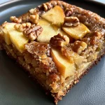 ['Side view of a Paleo Apple Walnut Coffee Cake showcasing its moist texture and apple slices.', 'Close-up image of a slice of coffee cake featuring walnuts and apples, with a glossy finish.', 'Detailed view of a Paleo coffee cake with visible walnut chunks and apple pieces, highlighting its homemade appearance.', 'Cross-section of a moist coffee cake displaying layers of apples and walnuts, captured in natural lighting.']