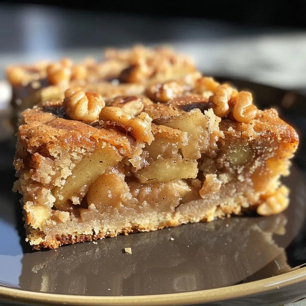 ['Side view of a Paleo Apple Walnut Coffee Cake showcasing its moist texture and apple slices.', 'Close-up image of a slice of coffee cake featuring walnuts and apples, with a glossy finish.', 'Detailed view of a Paleo coffee cake with visible walnut chunks and apple pieces, highlighting its homemade appearance.', 'Cross-section of a moist coffee cake displaying layers of apples and walnuts, captured in natural lighting.']