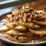['Close-up of Peanut Butter Apple Nachos topped with dark chocolate chips and chopped peanuts.', 'Side view of sliced apples drizzled with peanut butter and sprinkled with chocolate and peanuts.', 'Juicy apple slices layered with creamy peanut butter and adorned with chocolate and sea salt.', 'Deliciously arranged apple nachos featuring peanut butter, dark chocolate chips, and chopped nuts.']
