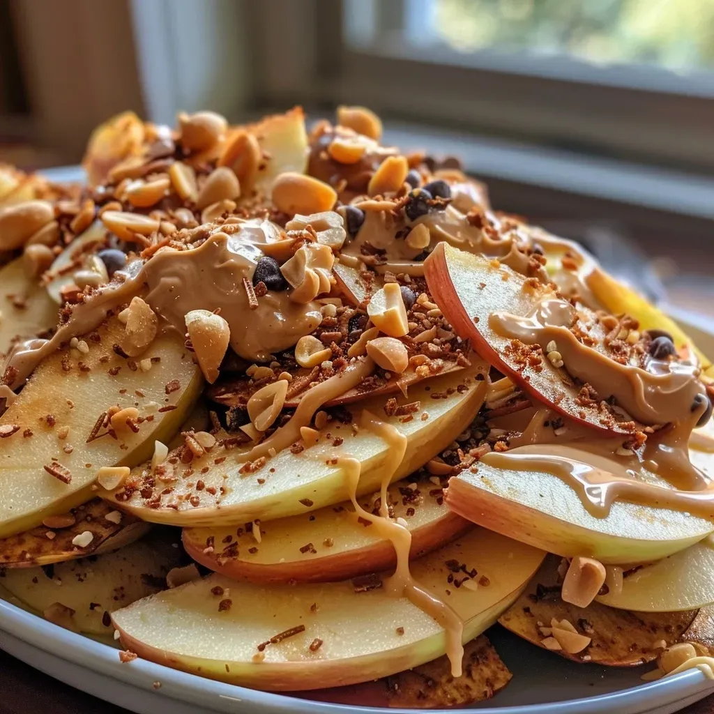 ['Close-up of Peanut Butter Apple Nachos topped with dark chocolate chips and chopped peanuts.', 'Side view of sliced apples drizzled with peanut butter and sprinkled with chocolate and peanuts.', 'Juicy apple slices layered with creamy peanut butter and adorned with chocolate and sea salt.', 'Deliciously arranged apple nachos featuring peanut butter, dark chocolate chips, and chopped nuts.']