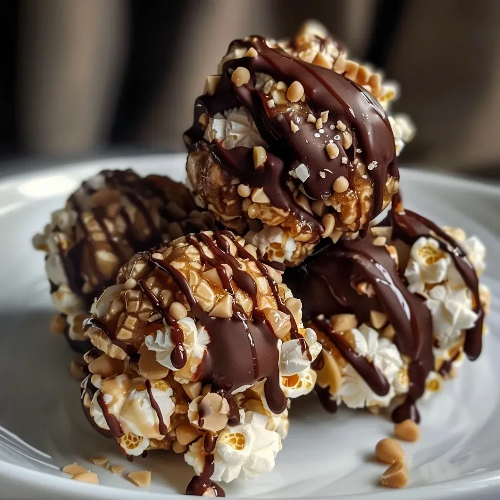 ['Close-up view of healthy popcorn balls made with peanut butter and chocolate.', 'Side view of Peanut Butter Chocolate popcorn balls on a white plate.', 'Delicious popcorn balls coated in peanut butter and dark chocolate.', 'Juicy, healthy popcorn balls arranged attractively for a snack.']