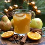 ['A close-up side view of a sparkling glass of pear cider with condensation.', 'A detailed shot of pear cider in a clear glass, showcasing fresh pears and spices nearby.', 'A refreshing glass of pear cider with slices of pear and orange on the side.', 'A vibrant glass of pear cider, garnished with cinnamon sticks and a vanilla bean pod.']