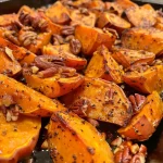 ['Close-up of golden-brown roasted sweet potatoes topped with chopped pecans and a drizzle of maple syrup.', 'Side view of juicy, caramelized sweet potatoes with a glossy maple glaze and sprinkled pecans.', 'Detail shot of pecan maple roasted sweet potatoes with a rich brown color and herbs visible on top.', 'Close-up image showcasing sweet potatoes glistening from maple syrup and garnished with nuts.']