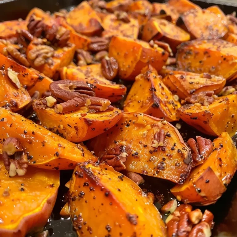 ['Close-up of golden-brown roasted sweet potatoes topped with chopped pecans and a drizzle of maple syrup.', 'Side view of juicy, caramelized sweet potatoes with a glossy maple glaze and sprinkled pecans.', 'Detail shot of pecan maple roasted sweet potatoes with a rich brown color and herbs visible on top.', 'Close-up image showcasing sweet potatoes glistening from maple syrup and garnished with nuts.']