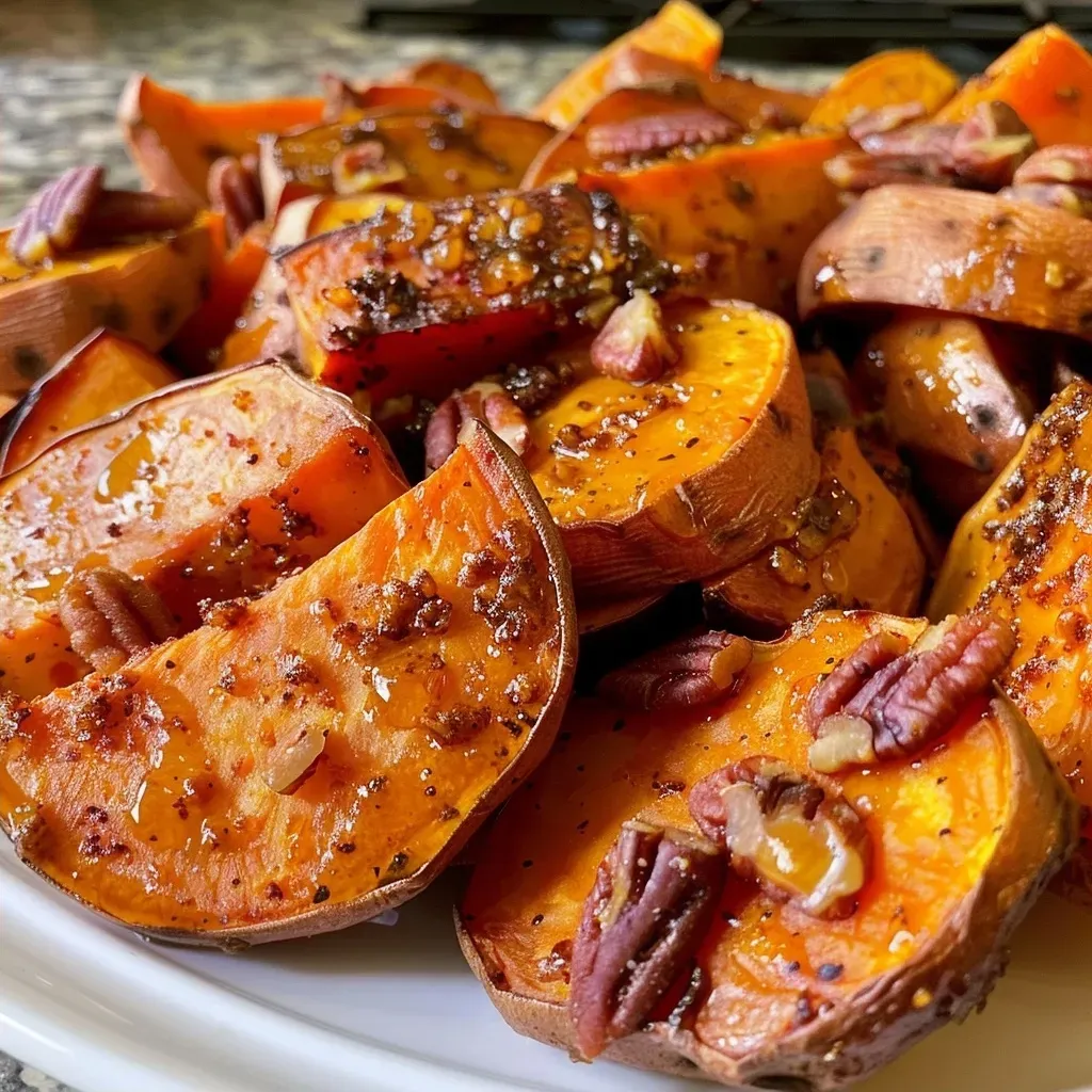 ['Close-up of golden-brown roasted sweet potatoes topped with chopped pecans and a drizzle of maple syrup.', 'Side view of juicy, caramelized sweet potatoes with a glossy maple glaze and sprinkled pecans.', 'Detail shot of pecan maple roasted sweet potatoes with a rich brown color and herbs visible on top.', 'Close-up image showcasing sweet potatoes glistening from maple syrup and garnished with nuts.']